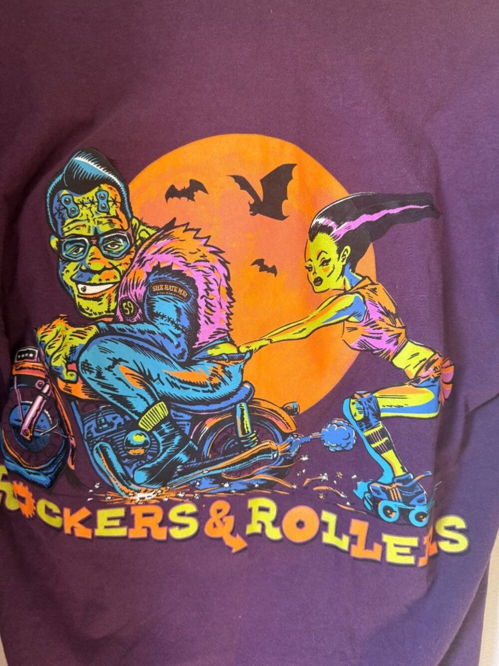 VTG Purple Rockers & Rollers Roller Skates, Motorcycle, Frankenstein, Bride, Hor